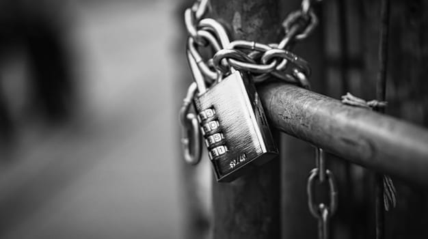 Padlock in black white on a chain. Locked and locked. mysterious and safe. Detail photo