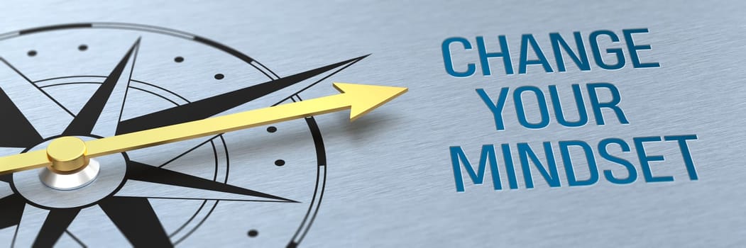 Compass needle pointing to the words Change your mindset - 3d rendering