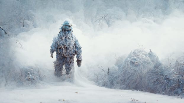 Yeti in the snow covered Himalaya mountains, mysterious furry creature walking in the frozen nature, Illustration