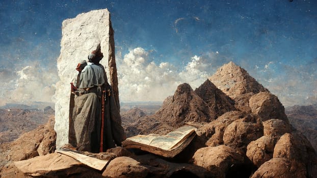 Illustration of Moses receiving the ten commandments at Mount Sinai, religion and faith, prophet of judaism and christianity