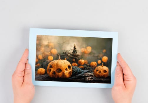 Halloween greeting card with pumkins and mysterious trees, dark and scary night in autumn, illustration
