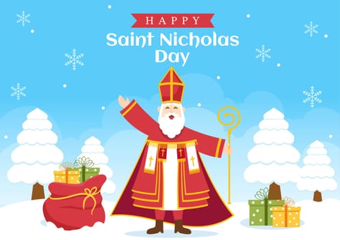 Saint Nicholas Day or Sinterklaas Celebration Template Hand Drawn Cartoon Flat Illustration with Gift Box and Winter Background Design