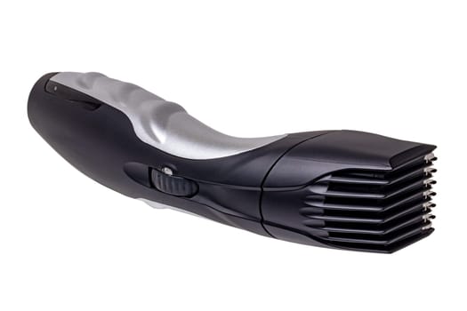 Close-up of a new black silver rechargeable beard and hair clipper isolated on a white background. Clipping path. Cordless hair and beard trimmer. Macro.