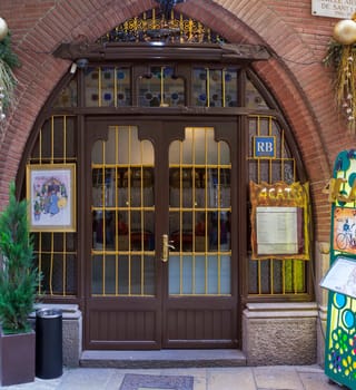 Barcelona, Spain - Dec 29th, 2019: Els Quatre Gats cafe, popular meeting place for famous artists. Entrace