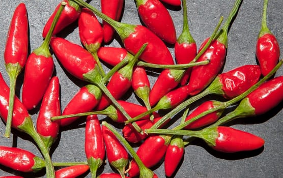 Black slate with piri-piri chili pepper. Studio shot with natural light. Wooden background