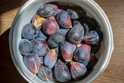 Bucket full of fresh fig just harvested. Studio shot with natural light. Wooden background