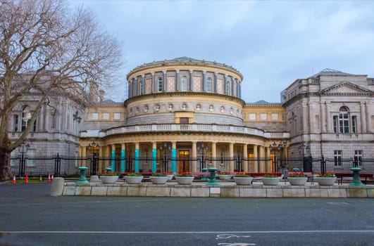 National Library of Ireland at dusk, Dublin. View from National Museum of Archeology