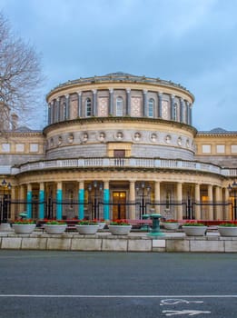 National Library of Ireland at dusk, Dublin. View from National Museum of Archeology