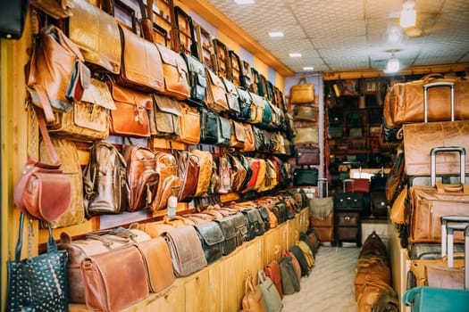 Canacona, Goa, India. Shop With Leather Goods - Bags, Wallets, Backpacks, Briefcases.