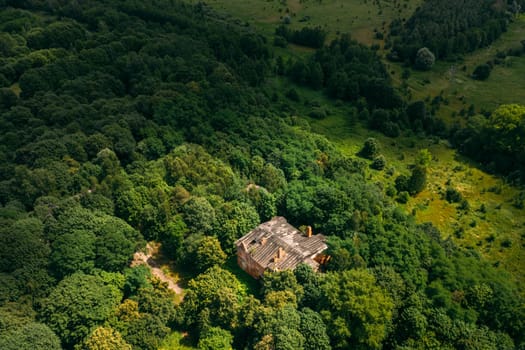 Dziemjanki, Gomel Region, Belarus. Aerial View Of Abandoned Dilapidated Manor House Gerard Nicholas Chernobyl Resettlement Zone. Chornobyl Catastrophe Disasters. Local Landmark And Heritage.