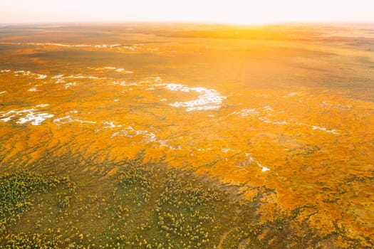 Miory District, Vitebsk Region, Belarus. The Yelnya Swamp. Upland And Transitional Bogs With Numerous Lakes. Elevated Aerial View Of Yelnya Nature Reserve Landscape. Famous Natural Landmark.