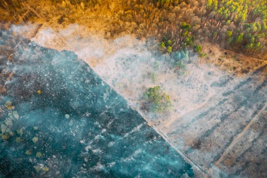 Aerial View. Spring Dry Grass Burns During Drought Hot Weather. Bush Fire And Smoke In Deforestation Zone. Wild Open Fire Destroys Grass. Nature In Danger. Ecological Problem Air Pollution.