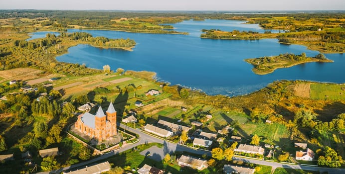 Ikazn, Braslaw District, Vitebsk Voblast, Belarus. Aerial View Of Church of the Body of God.