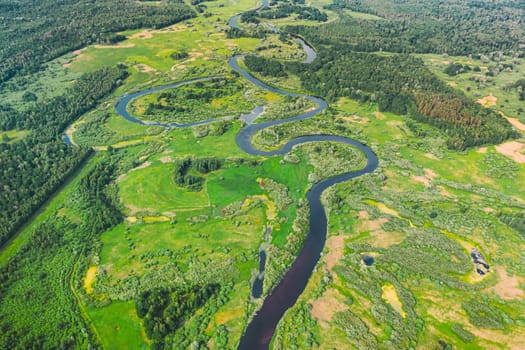 Aerial View Of Summer Curved River Landscape In Sunny Summer Day. Top View Of Beautiful European Nature From High Attitude In Summer Season. Drone View. Bird's Eye View