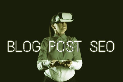 Handwriting text Blog Post Seo, Word Written on Search Engine Optimization applied to blogging social network Businesswoman Holding Tablet And Presenting New Ideas For Business Growth.