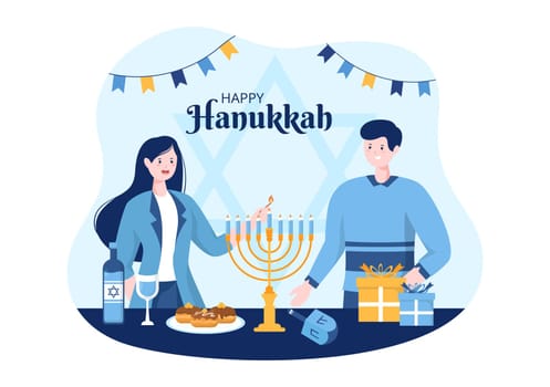 Happy Hanukkah Jewish holiday Template Hand Drawn Cartoon Flat Illustration with Menorah, Sufganiyot, Dreidel and Traditional Symbols