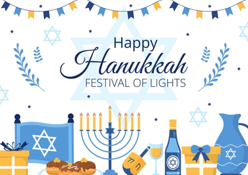 Happy Hanukkah Jewish holiday Template Hand Drawn Cartoon Flat Illustration with Menorah, Sufganiyot, Dreidel and Traditional Symbols