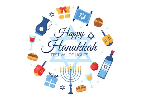 Happy Hanukkah Jewish holiday Template Hand Drawn Cartoon Flat Illustration with Menorah, Sufganiyot, Dreidel and Traditional Symbols