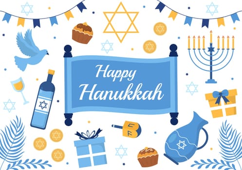 Happy Hanukkah Jewish holiday Template Hand Drawn Cartoon Flat Illustration with Menorah, Sufganiyot, Dreidel and Traditional Symbols