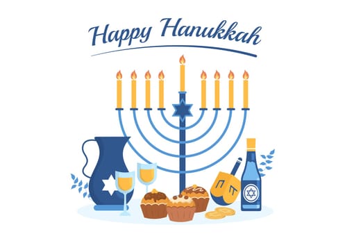 Happy Hanukkah Jewish holiday Template Hand Drawn Cartoon Flat Illustration with Menorah, Sufganiyot, Dreidel and Traditional Symbols
