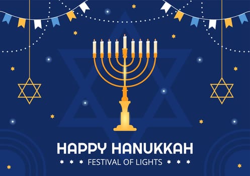 Happy Hanukkah Jewish holiday Template Hand Drawn Cartoon Flat Illustration with Menorah, Sufganiyot, Dreidel and Traditional Symbols