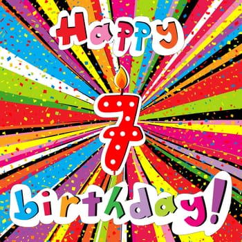 Happy Birthday greeting card with number seven candle and confetti on a colorful sunburst background