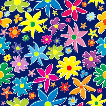 Hand-drawn colorful floral pattern with flowers in bloom