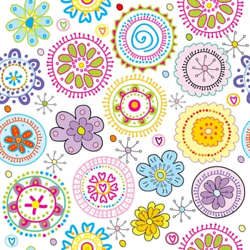 Hand-drawn colorful floral pattern on white background