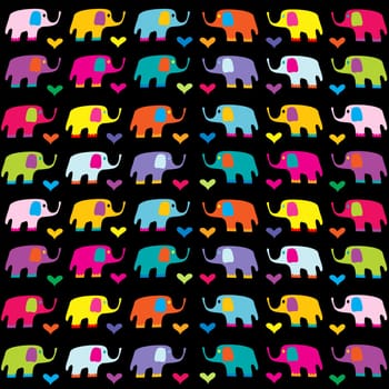 Seamless pattern with hand drawn colored elephants and hearts