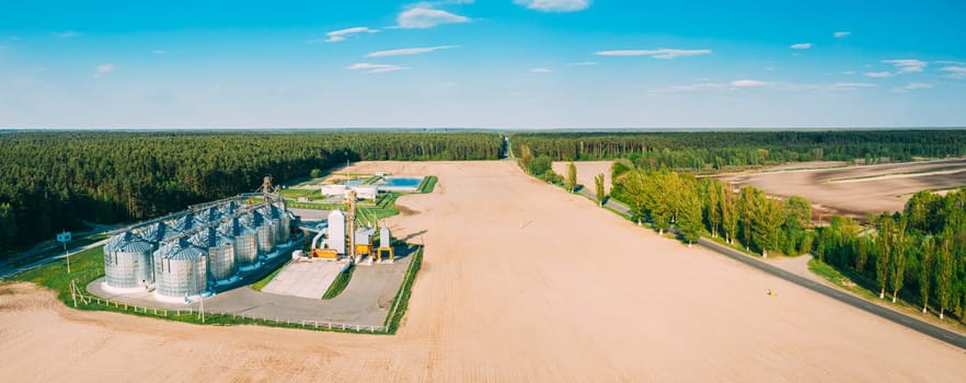 Aerial View Granary, Grain-drying Complex, Commercial Grain Or Seed Silos In Sunny Spring Rural Landscape. Corn Dryer Silos, Inland Grain Terminal, Grain Elevators Standing In A Field. Panorama.