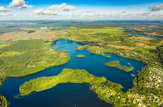 Lyepyel District, Vitebsk Region, Belarus. Aerial View Of Lepel Lake With Natural Small Islands.