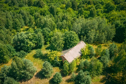 Belarus. Aerial View Of Ruined Cowshed In Chernobyl Zone. Chornobyl Catastrophe Disasters. Dilapidated House In Belarusian Village. Whole Villages Must Be Disposed. Chernobyl Resettlement Zone.