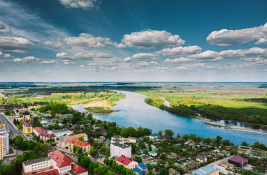 Rechytsa, Belarus. Aerial View Of Residential Houses Skyline Cityscape In Summer Day. Top View. Drone View. Bird's Eye View