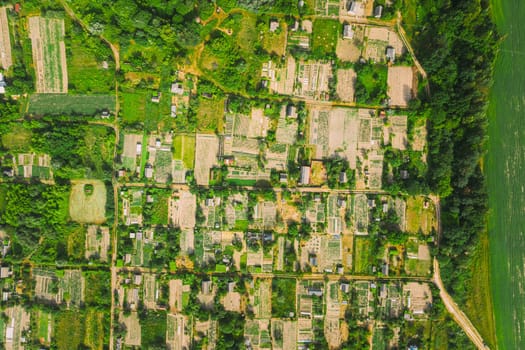 Aerial View Of Vegetable Gardens In Small Town Or Village. Skyline In Summer Evening. Village Garden Beds In Bird's-eye View.