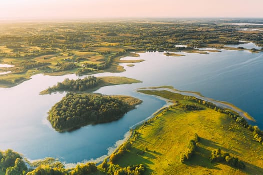 Braslaw Or Braslau, Vitebsk Voblast, Belarus. Aerial View Of Nedrava Lake. Landscape In Sunny Morning. Top View Of Beautiful European Nature From High Attitude. Bird's Eye View. Famous Lakes. Natural Landmarks.