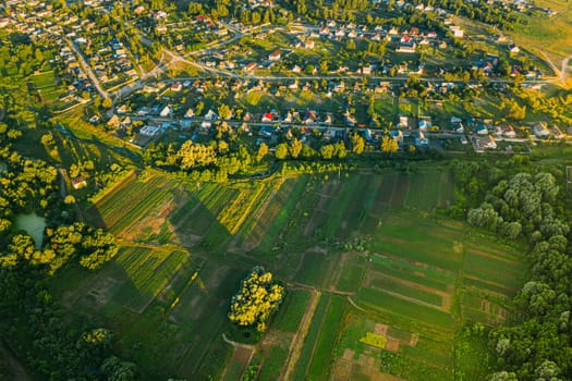Aerial View Of Vegetable Gardens In Small Town Or Village. Skyline In Summer Evening. Village Garden Beds In Bird's-eye View.