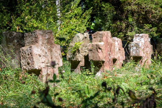 Very old tombstones made of red sandstone overgrown with grass and weeds stand in a row