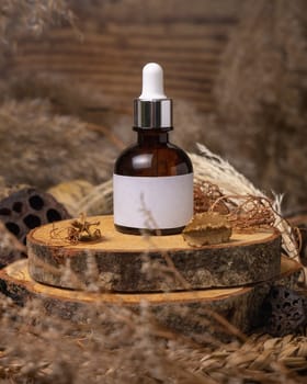 Glass dropper bottle on wood near natural boho decorations close up, label mockup. Skincare beauty product, serum or essence. Bohemian eco friendly cosmetics flat lay with dried leaves.