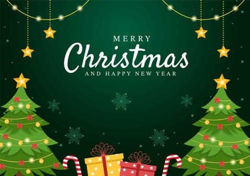 Merry Christmas and Happy New Year Template Hand Drawn Cartoon Flat Background Illustration with Snowflakes, Bells, Tree, Gift and Decorations Design