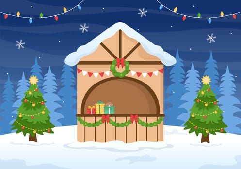 Merry Christmas and Happy New Year Template Hand Drawn Cartoon Background Illustration with Snowflakes, Snowman, Tree, Gift and Winter Landscape