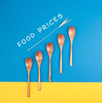 Food crisis with increasing prices and shortages, supply chain problems, inflation causes high living costs, ukrainian colored background