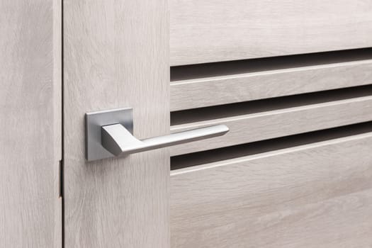 Close up of stylish metal door knob on modern interior door. Silver chrome door handle on light beige door with three strips of frosted glass. Concept of interior details.