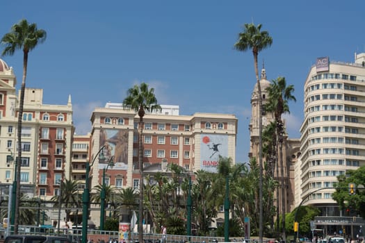 MALAGA, COSTA DEL SOL, SPAIN - AUGUST 29, 2019:.Fountain and Plaza de la Marina, Málaga, Andalusia, Spain, Europe