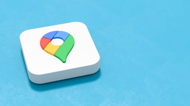 Google Maps App Icon 3D Symbol Shape on Plastered Blue Background with Copy Space 3D Render Illustration