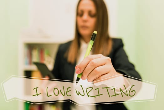 Text sign showing I Love Writing, Internet Concept Affection for creating novels journals inspirational author Sitting Woman Talking And Putting Important Notes On String.