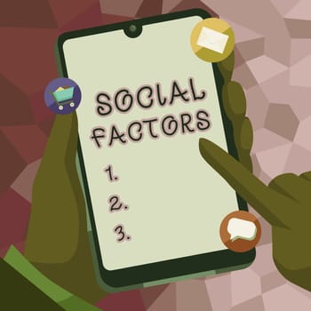 Writing displaying text Social FactorsThings that influences lifestyle Cultural Differences, Word Written on Things that influences lifestyle Cultural Differences Lady standing front backdrop holding presentation achieving project goals.