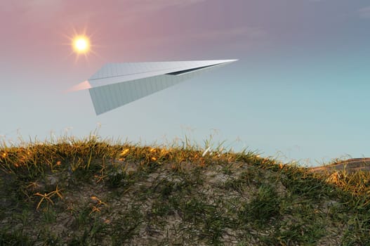 3D Illustration. 3D Rendering , Concept of business success  to the target , startup , creative idea . Paper plane white flying on sky between cloud. beautiful natural landscape.