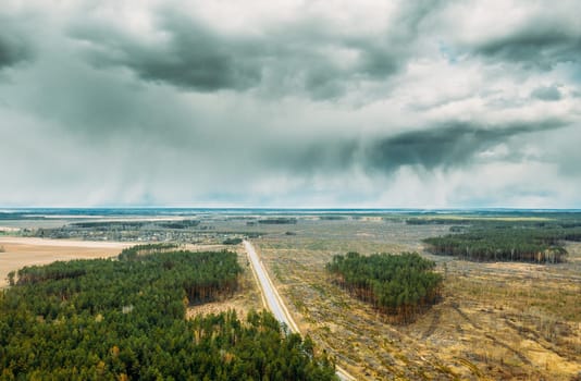 Aerial View Of Road Through Deforestation Area Landscape. Green Pine Forest In Deforestation Zone. Top View Of Field And Forest Landscape. Drone View. Bird's Eye View