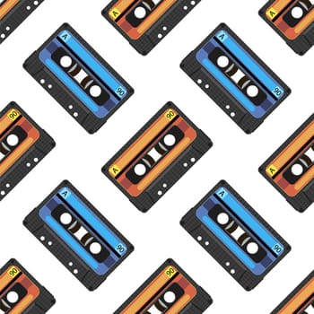 VIntage video tape or music cassette icon flat illustration isolated on white. Seamless pattern.