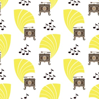A gramophone icon is an old type of record player. Seakless pattern of classical musical box. Antique phonograph on white background.